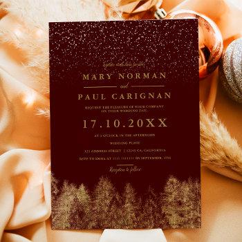 winter snow burgundy pine trees forest wedding invitation