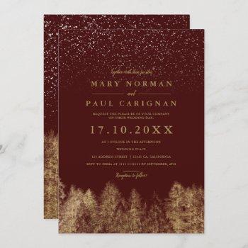 winter snow burgundy pine trees forest wedding invitation