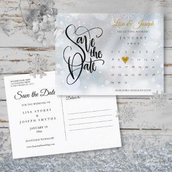 Small Winter Snow Calendar Gold Heart Save The Date Announcement Post Front View