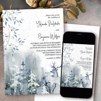 winter snow forest and deer dusty blue wedding invitation