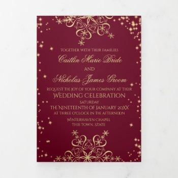 Small Winter Snowflakes Burgundy And Gold Sparkle Tri-fold Front View