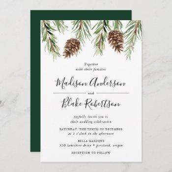 winter watercolor pine cone wedding invitation