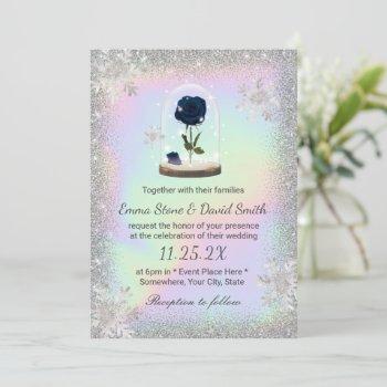 winter wedding blue rose flower dome holographic invitation