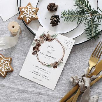winter white floral & pine wedding wreath invitation