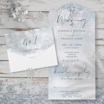 winter wonderland elegant script snow wedding all in one invitation