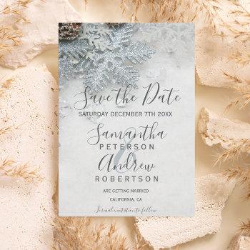 Small Winter Wonderland Silver Snow Typography Wedding Save The Date Front View