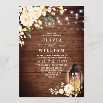 wood blush roses lantern rustic watercolor wedding invitation