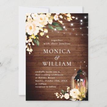 wood & blush roses & lantern watercolor wedding invitation