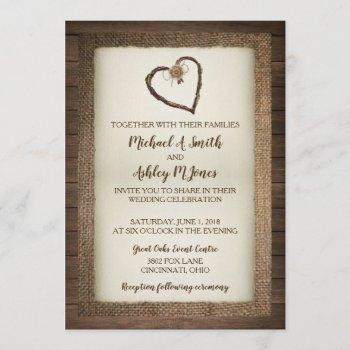 wood, burlap & twine heart wedding invitation