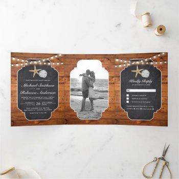 wood chalkboard starfish sand dollar beach wedding tri-fold invitation