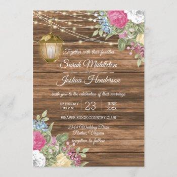 wood, lantern and beautiful spring flower wedding invitation