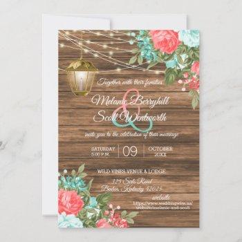wood, lantern and teal, coral flower wedding  invi invitation