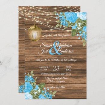 wood, lanterns and baby blue flower wedding invitation