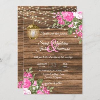 wood, lanterns and pink flower wedding invitation
