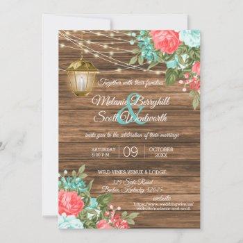 wood, lanterns and teal, coral flower wedding  invitation