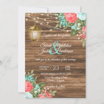 wood, lanterns and teal, coral flower wedding invitation