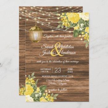 wood, lanterns and yellow flower wedding invitation