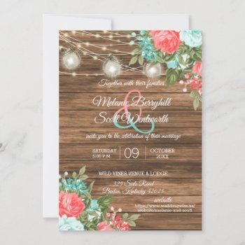 wood, mason jars and teal, coral flower wedding invitation