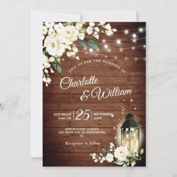 wood & white roses & lantern watercolor wedding invitation
