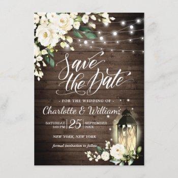 wood & white roses & lantern wedding save the date invitation