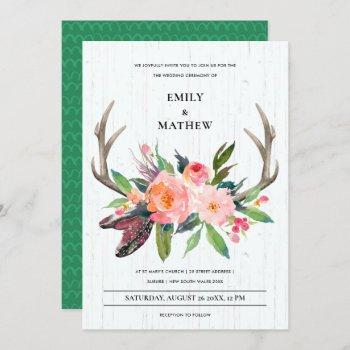 wooden boho blush antler floral country wedding invitation