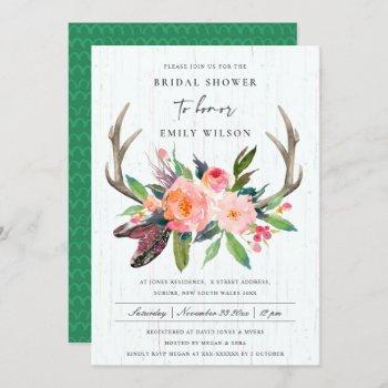 wooden chic boho blush antler floral bridal shower invitation