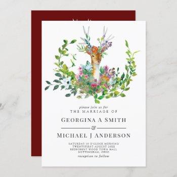 Small Woodland Deer Illustrated Burgundy Wedding Front View