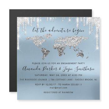 world destination map  globe bridal wedding blue magnetic invitation