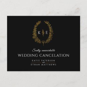 wreath monogram wedding cancelation black gold announcement postcard