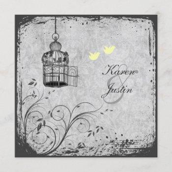 Small Yellow And Gray Birdcage Lovebirds Wedding Invite Front View