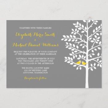 yellow and gray tree love birds wedding invitation