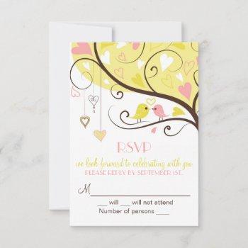 Small Yellow And Pink Lovebird Rsvp Wedding  Invites Front View