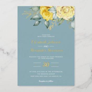 yellow floral classy greenery dusty blue wedding foil invitation