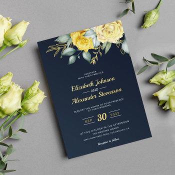 yellow floral classy greenery navy blue wedding foil invitation