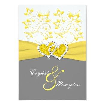 Small Yellow, Gray, White Joined Hearts Wedding Invite Front View