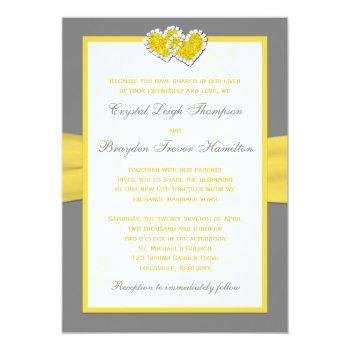 Small Yellow, Gray, White Joined Hearts Wedding Invite Back View