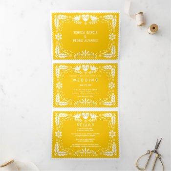 yellow papel picado love birds wedding tri-fold invitation