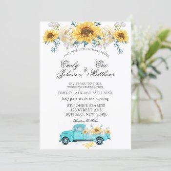 Small Yellow Sunflowers Turquoise Vintage Truck Wedding Front View