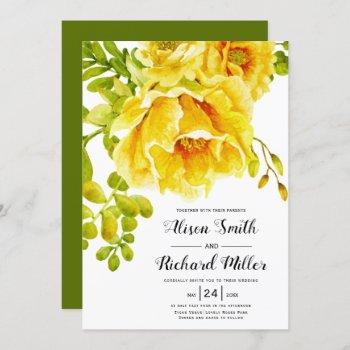 yellow watercolor flowers typography wedding invitation