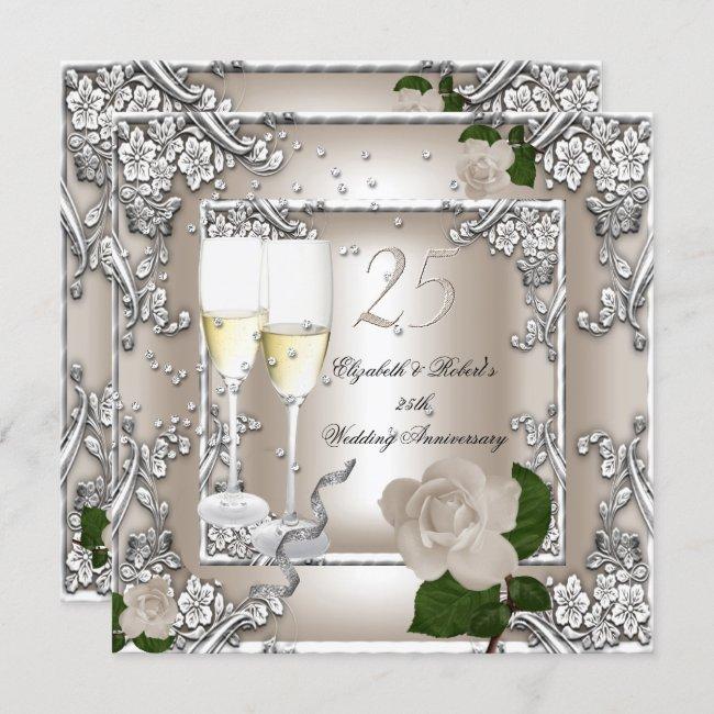 25th Anniversary Wedding Cream Rose Silver