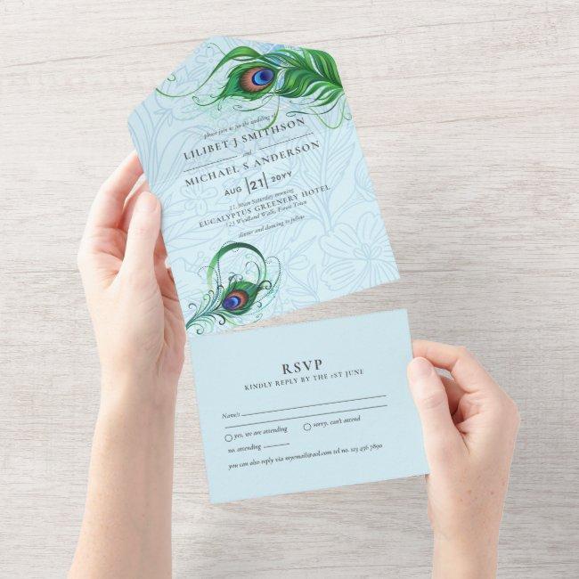 3in1 Peacock Blue Green Feather Wedding Rsvp All I All In One