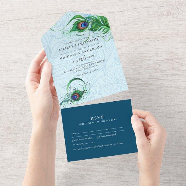 3in1 Peacock Blue Green Feather Wedding Rsvp All I All In One