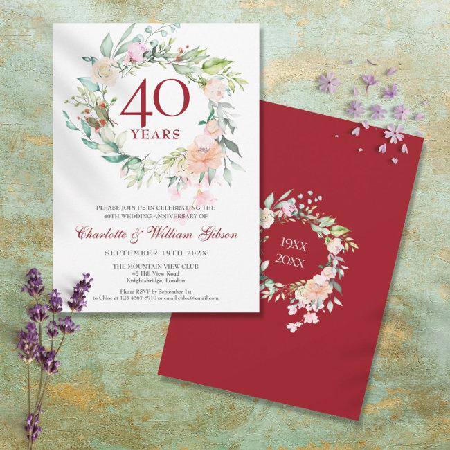 40th Wedding Anniversary Ruby Watercolor Floral