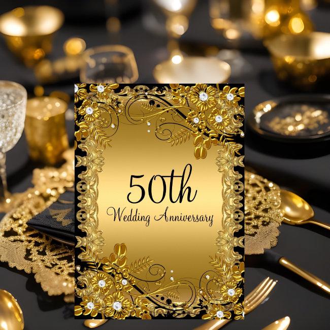 50th Anniversary Gold Black Diamond Floral Swirl
