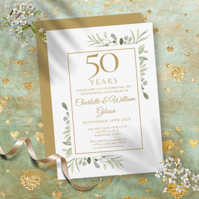 50th Gold Anniversary Watercolour Greenery Leaves