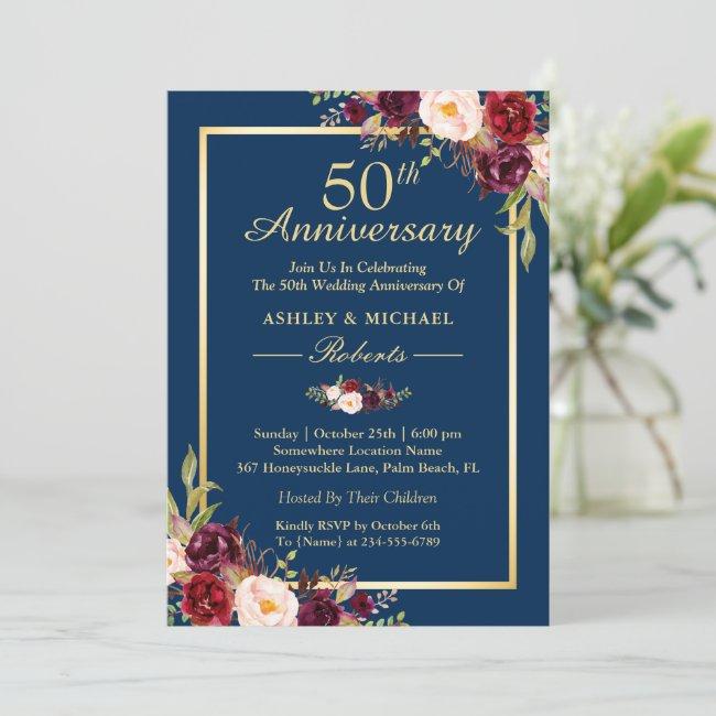 50th Wedding Anniversary Burgundy Floral Navy Blue