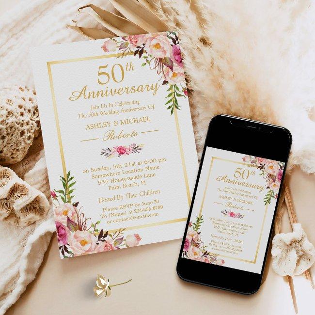 50th Wedding Anniversary Elegant Chic Gold Floral