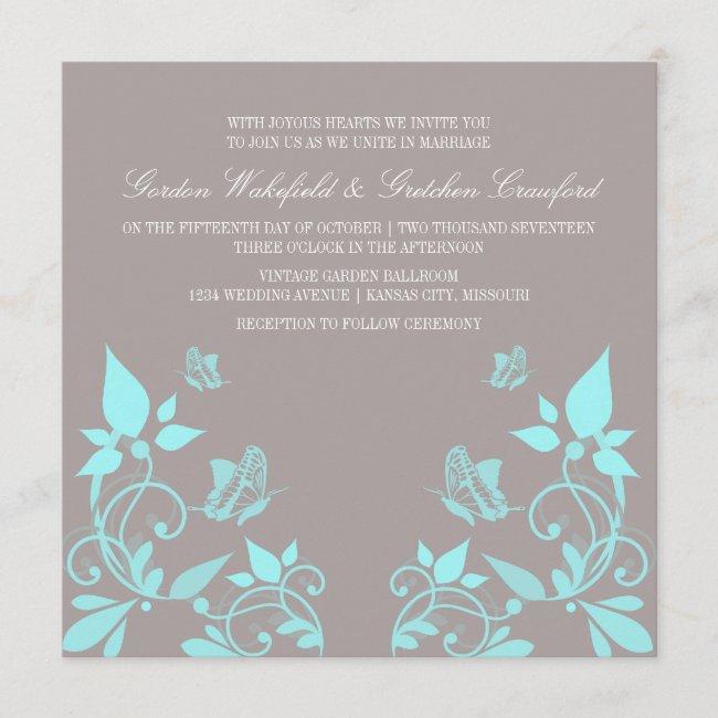 Aqua Butterfly Floral Wedding Invite