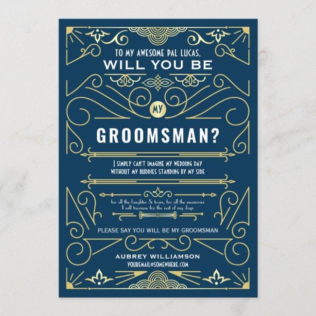 Art Deco Will You Be My Groomsman Gold Blue