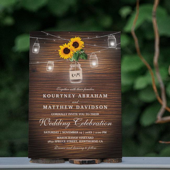 Backyard Rustic Mason Jar Sunflower Lights Wedding
